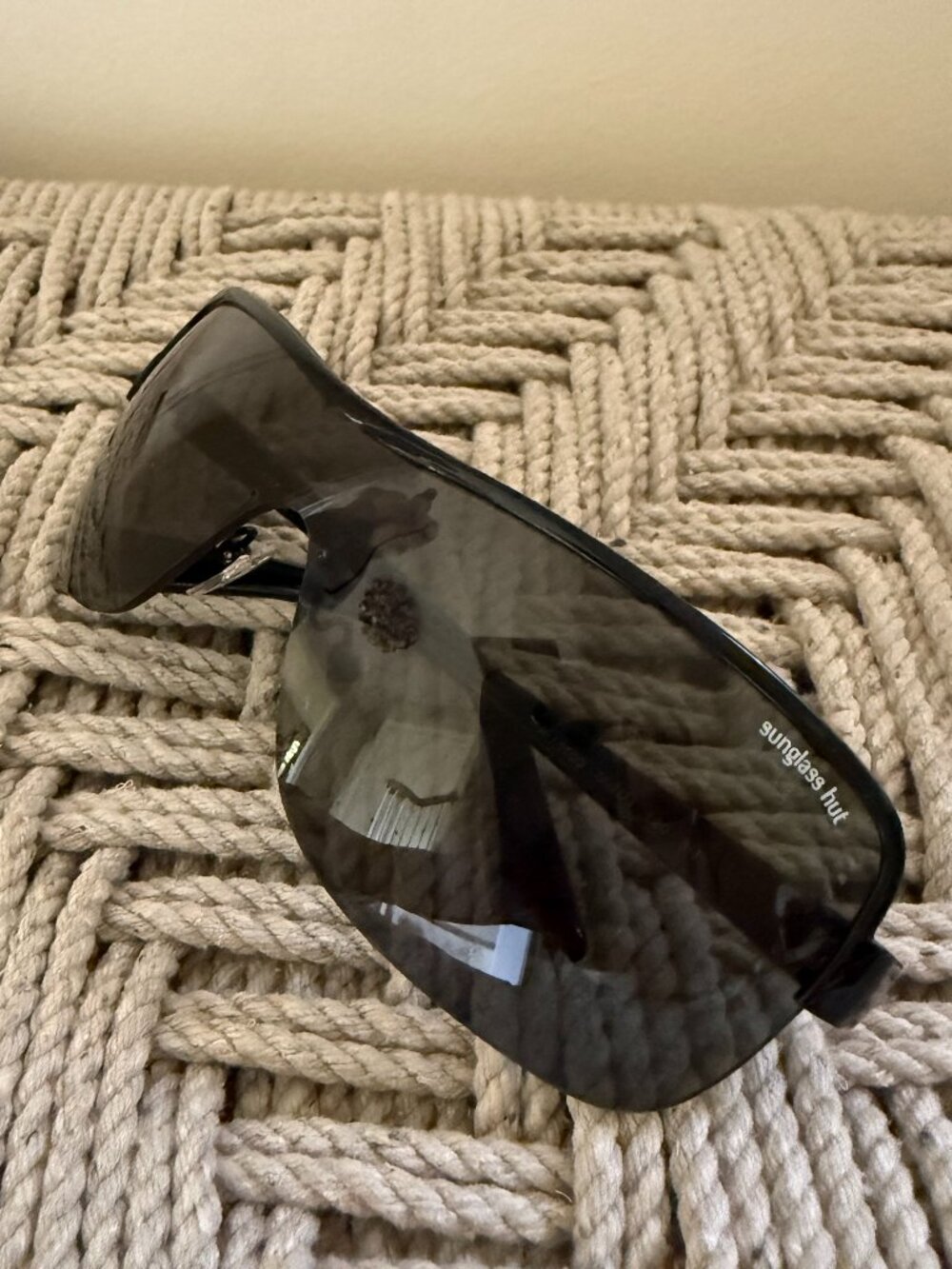 Sunglass Hut HU1003 Shield Sunglasses Black Green Lens Y2K Wraparound